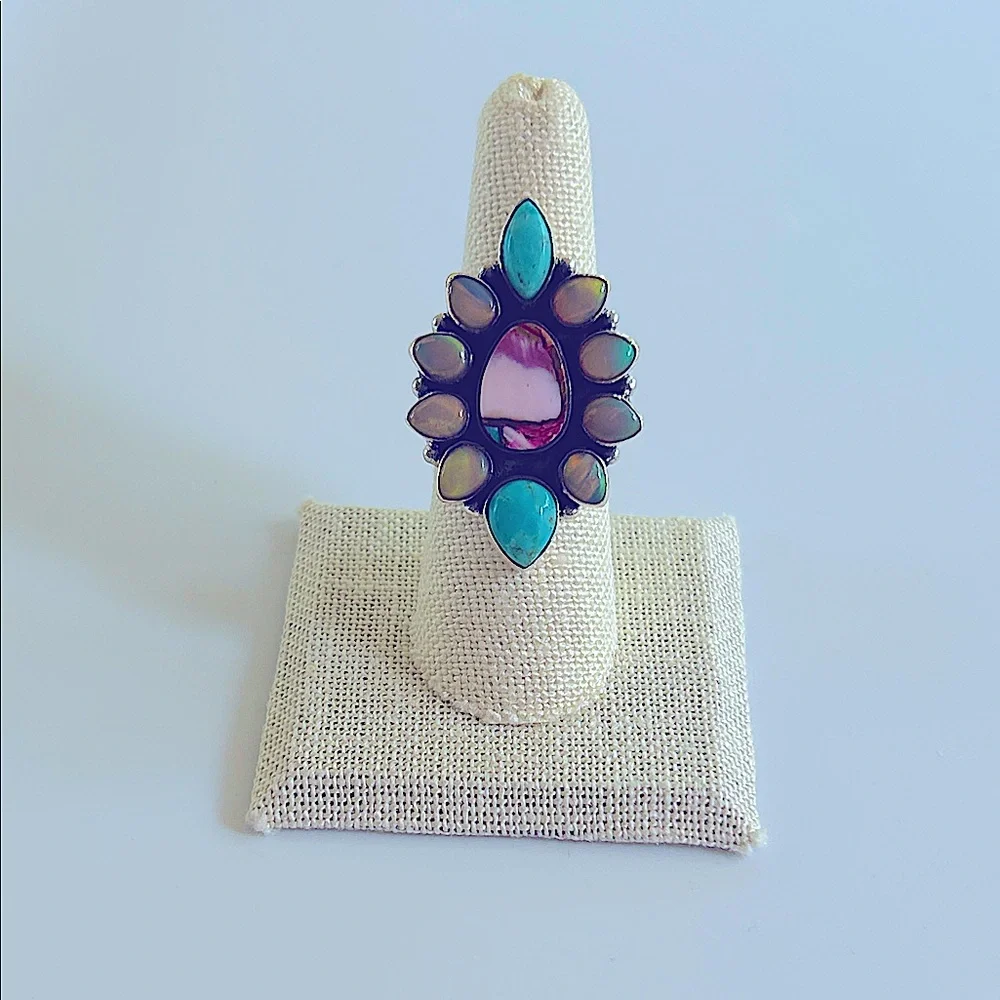 925 Sterling Silver Multi-stone Southwest Style Adjustable Statement Ring